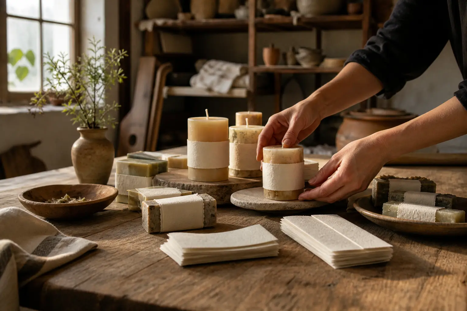 Manos de artesana ordenando velas y jabones en una mesa de taller