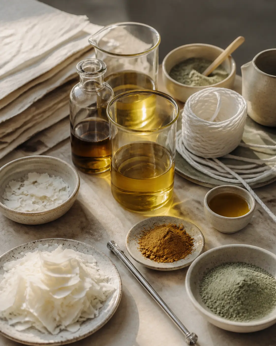 Ceras, aceites, arcillas y herramientas del atelier