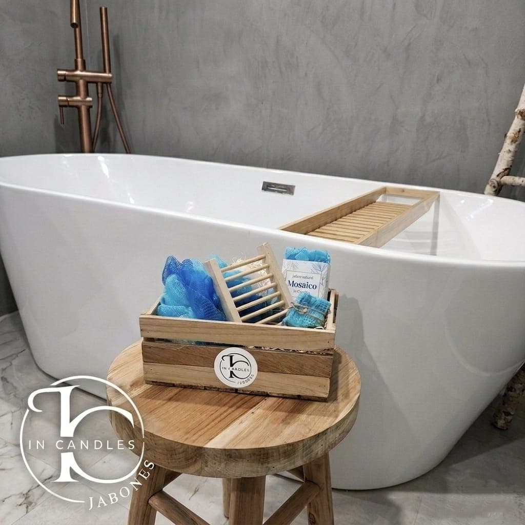 Caja de madera con accesorios de baño junto a una bañera