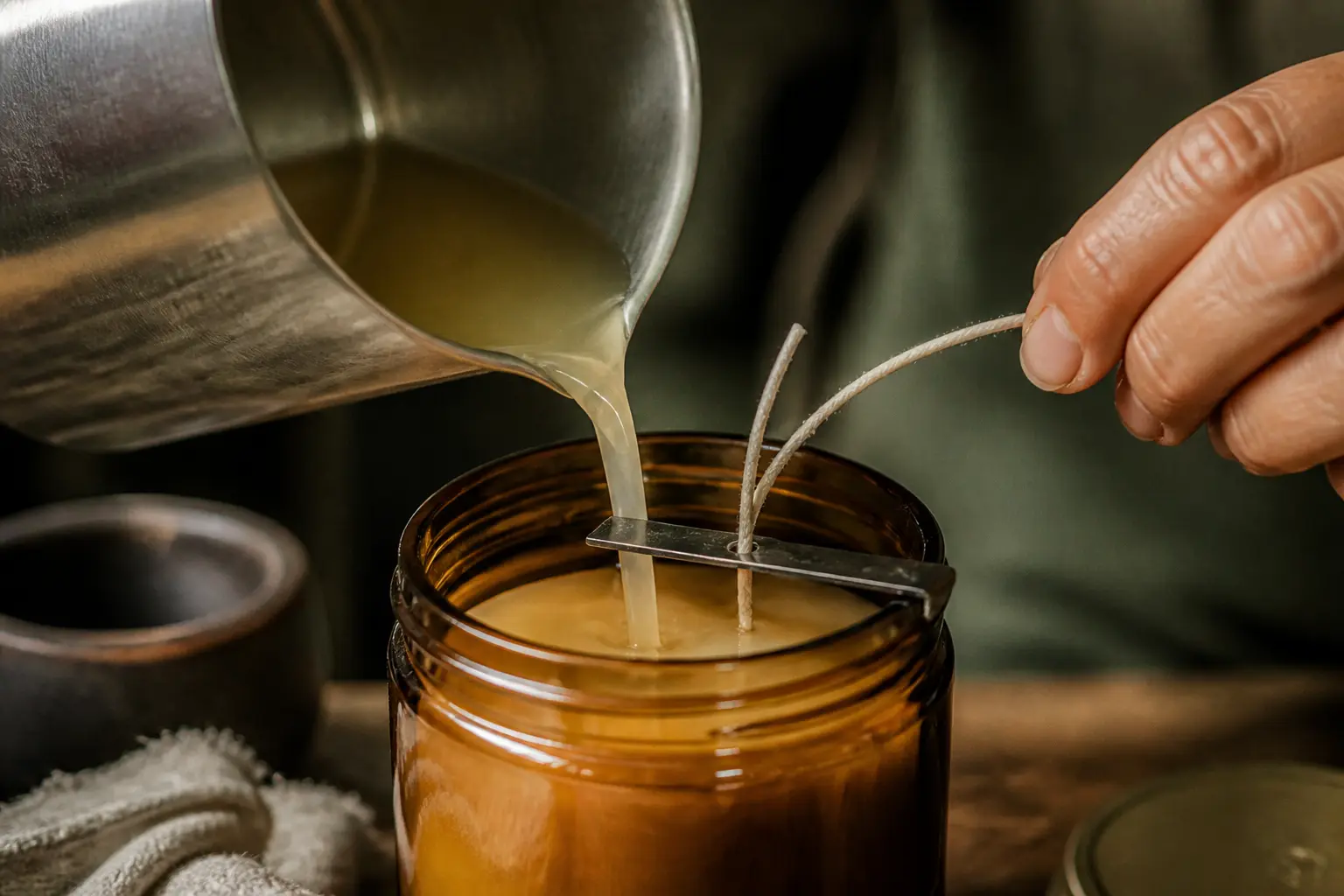 Cera vegetal vertida a mano en un vaso ámbar