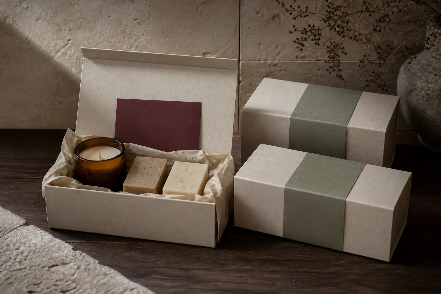 Caja de regalo con vela y jabones artesanales
