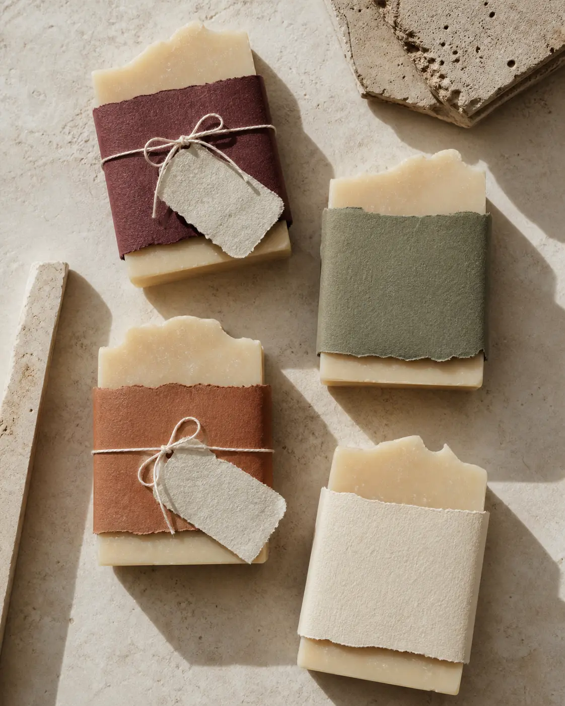 Jabones con bandas de papel borgoña, salvia, arcilla y marfil