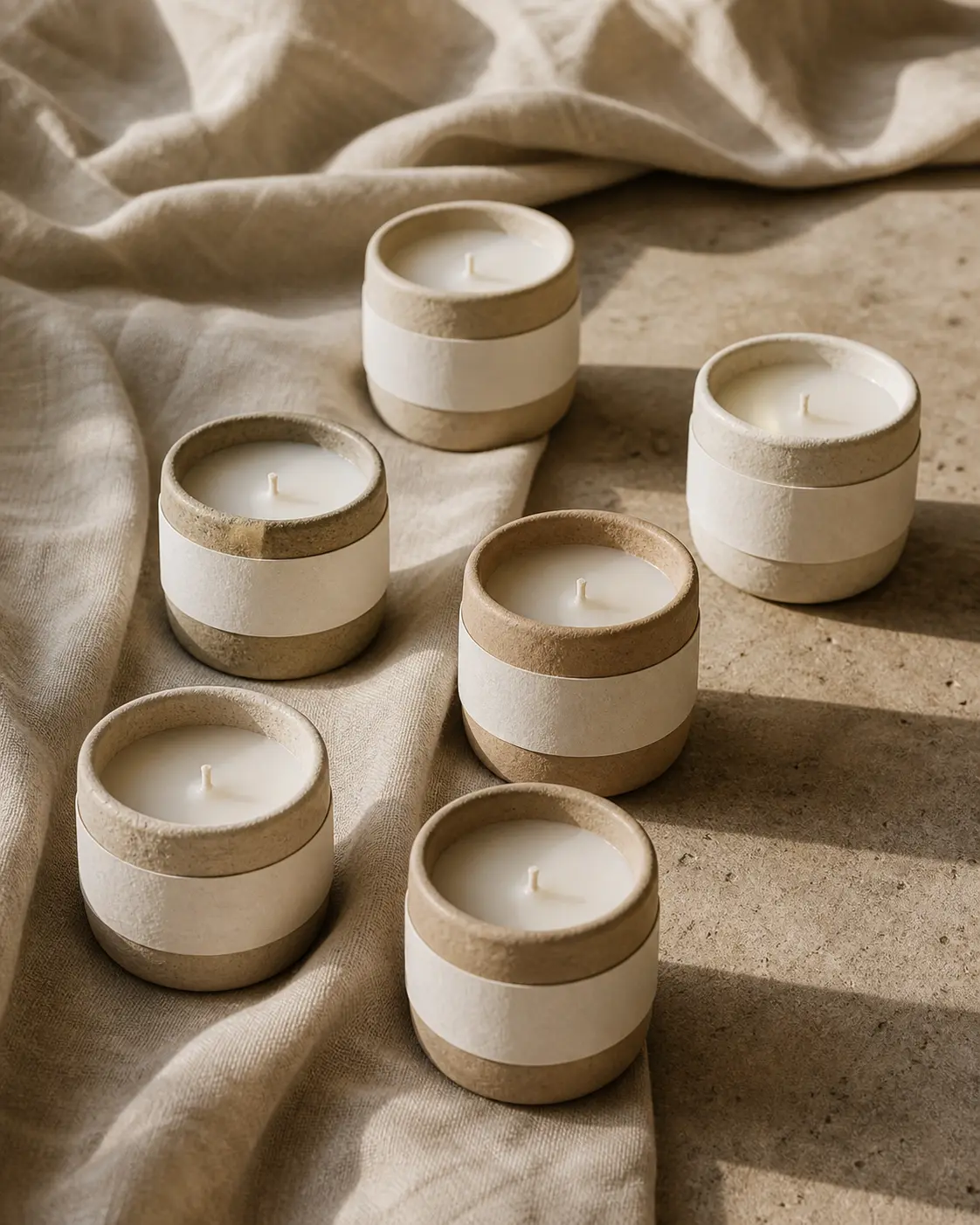 Conjunto de pequeñas velas en recipientes artesanales