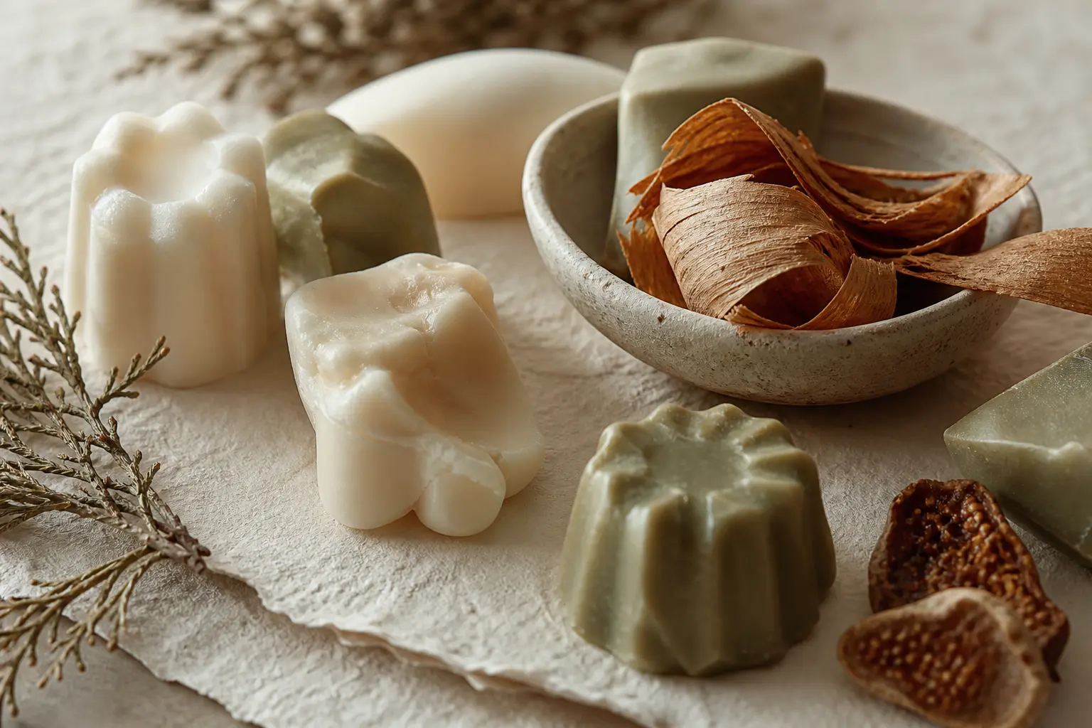 Piezas de cera aromática y materias naturales